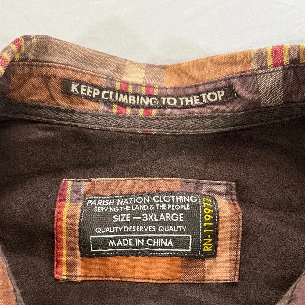 Parish Nation Mens 3XL Plaid Flannel Button Down Shirt Mountain‎ Patches Brown
